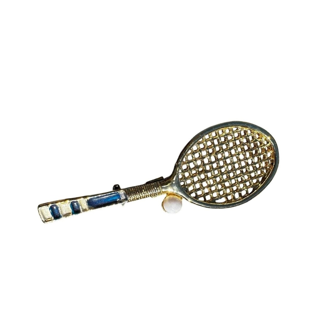 VTG Gerry's Tennis Racket Brooch Gold Tone Faux Pearl Blue Enamel Pin